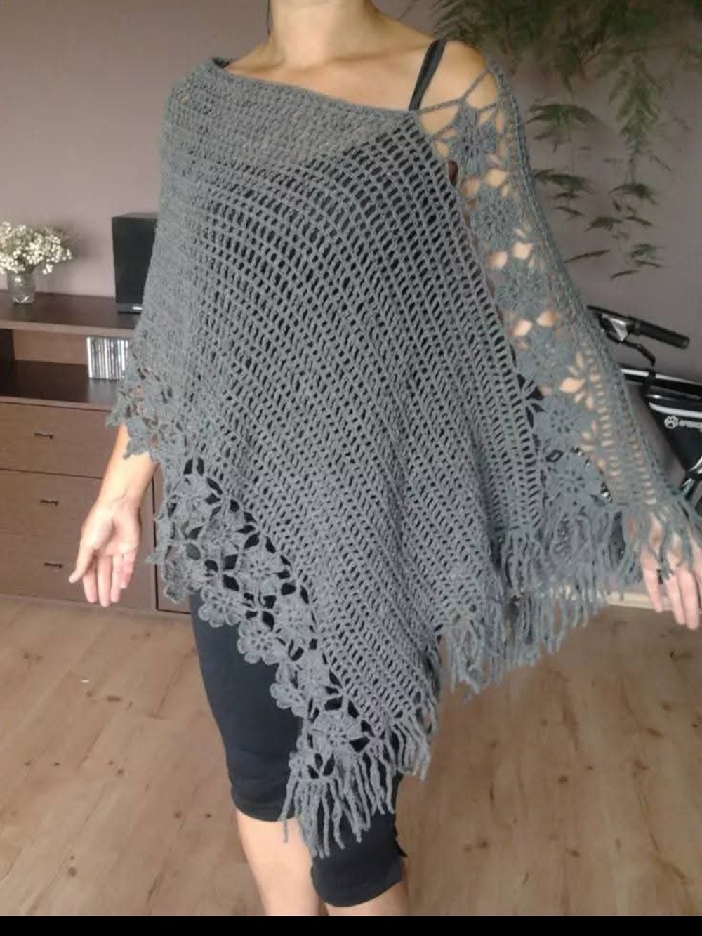 Grey Crochet Fringe Poncho Sweater